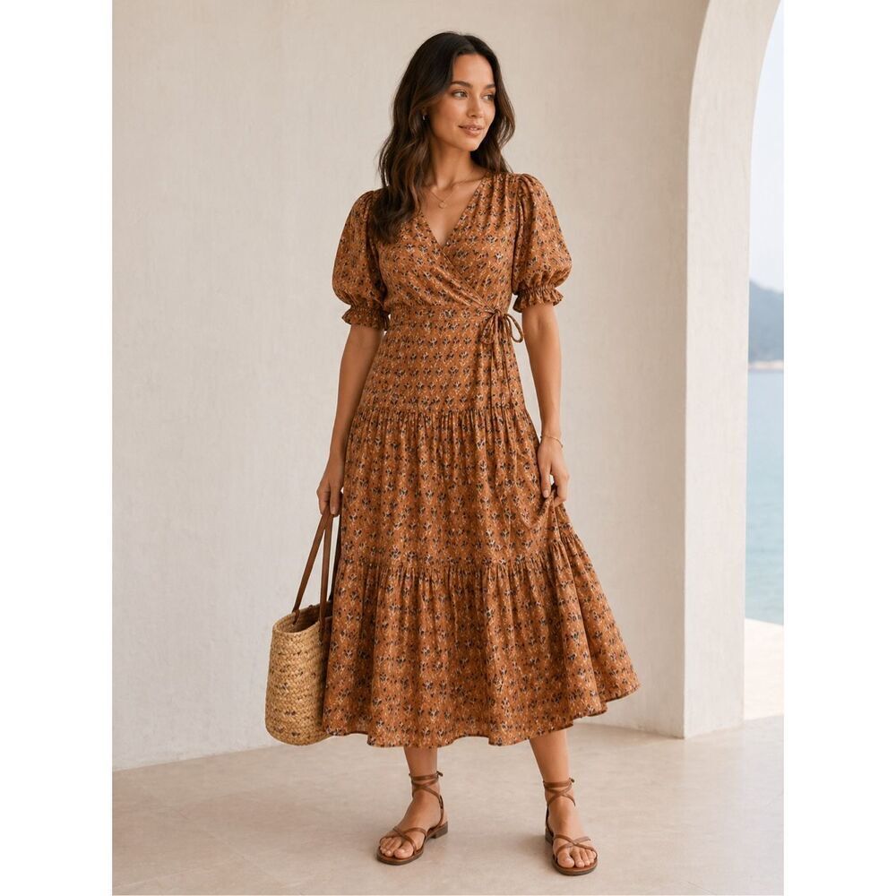 Daughters of India Womens Brown Cotton Floral Zuri Wrap Maxi Dress Size Small